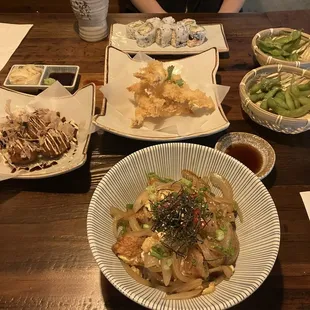 Katsu Don, Takoyaki, Shrimp Tempura, California Rolls, Edamame.