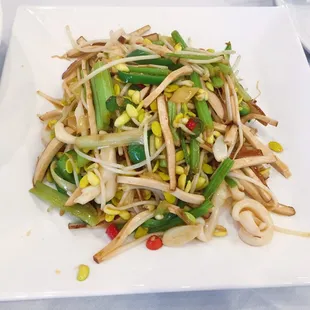 Sautéed triple delight in spicy sauce  Squid, Chinese celery, dried bean curd