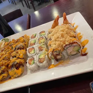 Left to right, sexy roll, salmon Avocado roll and crunchy roll.