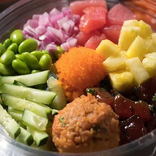 Tuna Trio Signature Bowl - Spicy Tuna, Hawaiian Tuna, Ahi Tuna, Pineapple, Edamame, Red Onion, Cucumber and Masago on base of your choice!
