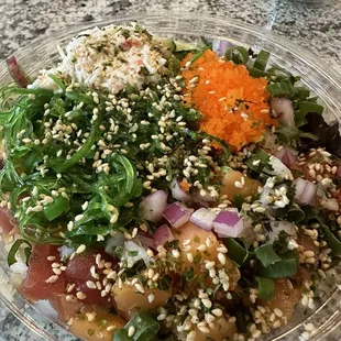 3 scoop bowl with rice and spring mix , seaweed salad and crab salad - best and freshest lunch you can get!