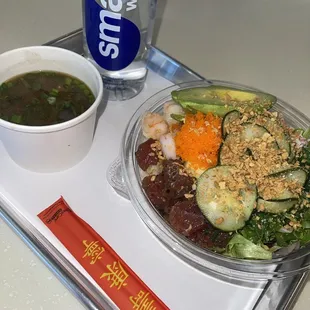 MEDIUM POKE BOWL w/ Hawaiian tuna, shrimp (tossed in house sauce), greens, white rice, and all the fixings! And a miso soup