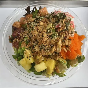 SMALL POKE BOWL (2): greens, white rice, salmon, Hawaiian tuna, toppings