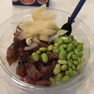 Hawaiian tuna (so freakin good) White rice  Ginger  Teriyaki sauce  Edamame