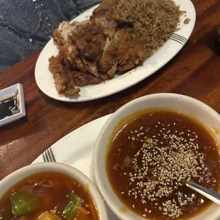 Boneless chicken with the sauces on the side, sweet &amp; sour and honey sesame.