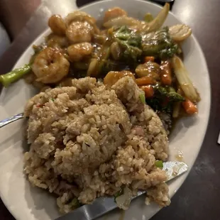 Shrimp Kung Pao, very tasty. Fried rice kind of tasted like stuffing. It had a good flavor but different consistency.