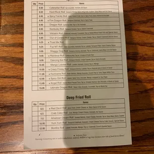 Sushi menu