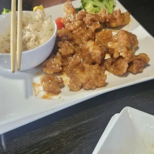 Sesame chicken with fried rice.