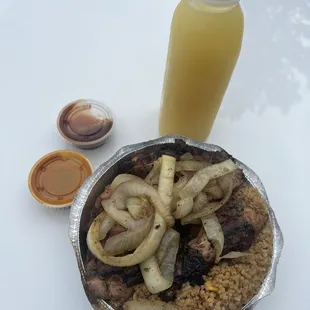a plate of food and a drink