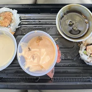Yum yum sauce (left), spicy mayo (middle), eel sauce (right)