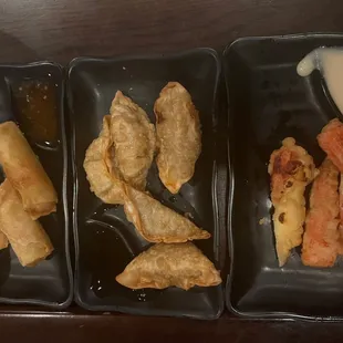 Appetizers: Shanghai Egg Roll, Gyoza, Cheese Crab Sticks