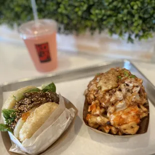 Umami Fries & Beef Koja burger with lemonade