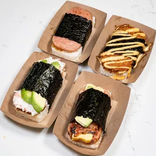 Classic, Crispy Rice, California, and Signature Spam Musubi