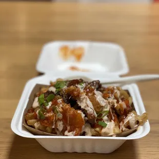 a take out container of food