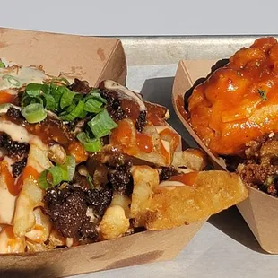 Korean BBQ wing...red...soy garlic wing and the chicken nuggets...kamikaze fries and braised pork bowl...all samples for yelp Elite event