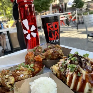 Kamikaze Fries on the right, Soy Garlic Wings in the back, and Crispy Chicken Nugget on the left.