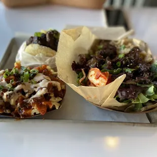Short rib bowl, kamikaze fries and original Koja.