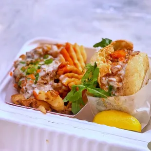 a takeout container of food