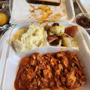 Bbq chopped chicken, parsley potatoes, potato salad