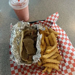 Gyro Sandwich and Strawberry Banana Smoothie