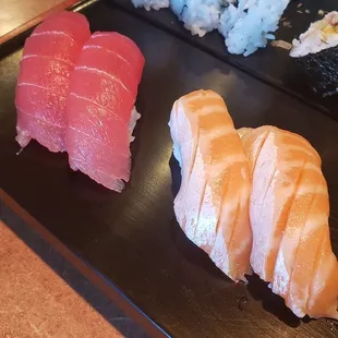 Maguro Nigiri (Tuna) [L], Sake Toro Nigiri (Salmon Belly) [R], Spider Roll [Behind]