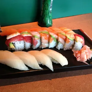 Sake nigiri, rainbow roll and escolar nigiri