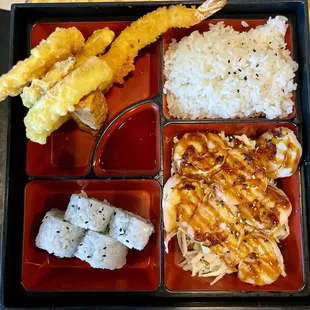 Shrimp Teriyaki Bento - Shrimp with house teriyaki sauce, shrimp &amp; veggie tempura, ginger salad, miso soup, steamed rice, California roll.