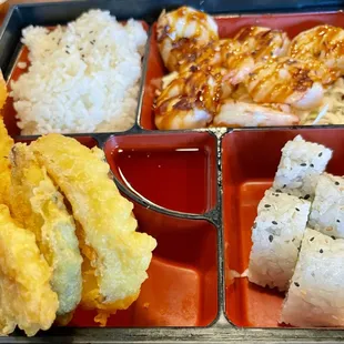 Shrimp Teriyaki Bento - Shrimp with house teriyaki sauce, shrimp &amp; veggie tempura, ginger salad, miso soup, steamed rice, California roll.