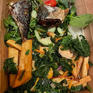 The fries are cold &amp; hard. The greens aren't cooked at all. Cold shrimp.  There were only 2 pcs of fish, &amp; they were cold and hard.