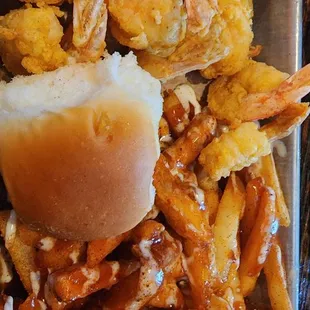 Shrimp platter with loaded fries