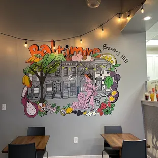 a mural on the wall of a coffee shop