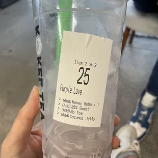 Purple Love Taro Tea. Loaded with ice when I asked for no ice and had boba added on the label when I did not ask for it.