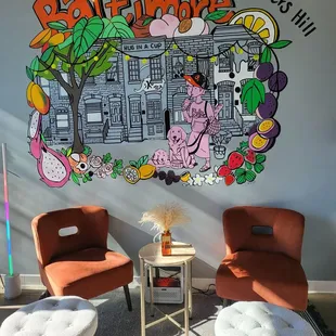 two chairs and a table in front of a mural