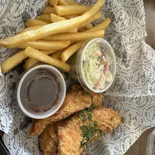 Original Chicken tenders, fries (could have chosen rice), salad (coleslaw) and sweet and spicy sauce.