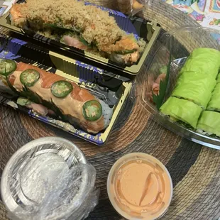 Kokito Roll (top), Sensei Roll (bottom) and Veggie Roll (right)