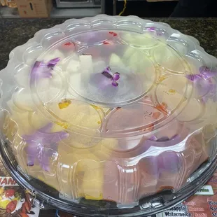 Pre ordered fruit tray. This is the smallest size they have. They said it feeds about 25 and I believe it!