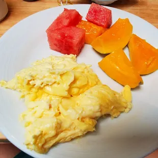 Scramble eggs &amp; fruit.