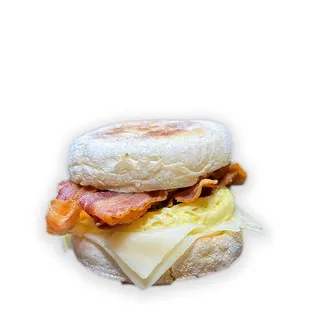 an english muffin sandwich with bacon, eggs, and cheese