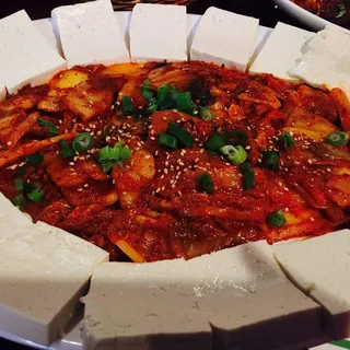 Steamed Tofu with Grilled Kimchi and Pork Belly