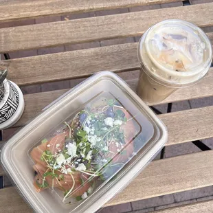 Salmon and Smoked Salmon &amp; Avocado Toast Tartine Iced Latte