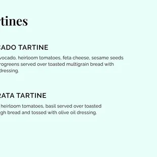 Tartine Menu at Koko Coffee