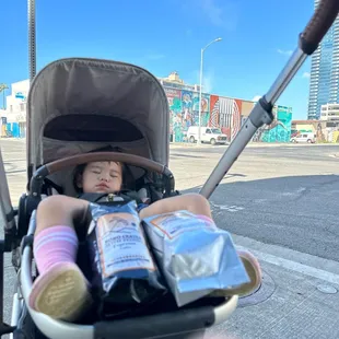 Baby Luna having a nap attack with the plume of freshly roasted local coffee beans rising in the background.