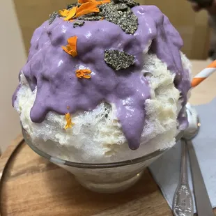 a purple ice cream sundae
