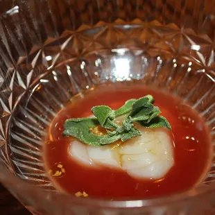 Our fifth course was was Sashimi made with day boat scallop, tomato ponzu and ice lettuce.