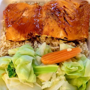 Teriyaki salmon sub brown rice for $1