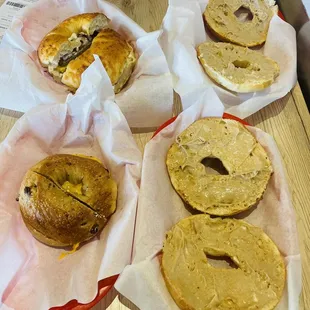 French toast Bagel with cinnamon sugar Cream Cheese, Sunrise w/ Meat, Ranchero