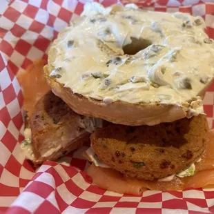 Top of a bagel on top of one of the new Gluten free bagels‼ (they are small)
