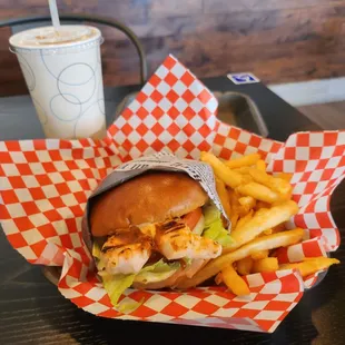 grilled chicken burger $7 fries $2 drink $2.95