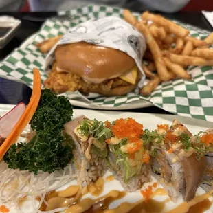 Fashion island sushi roll and spicy chicken sandwich with cheese (with no coleslaw and no pickles)