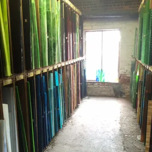 Sheet glass in blues and greens